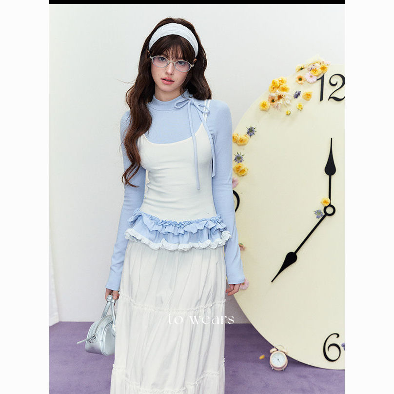 Korean chic pure cotton fake two-piece long-sleeved T-shirt for women with slim pleated lace suspender inner top top