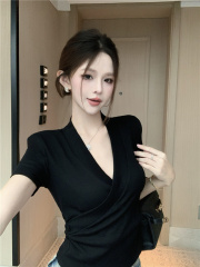 實拍~V領交叉短袖t恤2025夏季小個子短袖獨特超好看單穿上衣