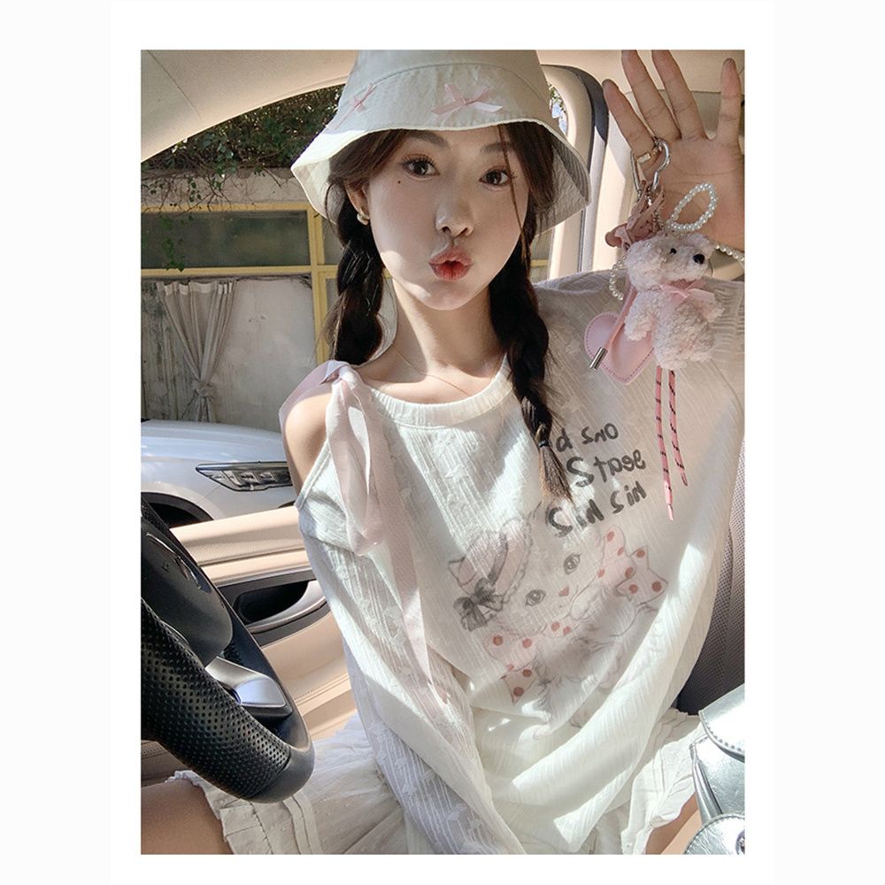 Korean chi cat printed long-sleeved sunscreen T-shirt for women off-shoulder lace-up bow top