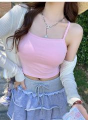 多巴胺穿搭黃色鏤空露背帶胸墊小吊帶背心女夏季海邊美背文胸