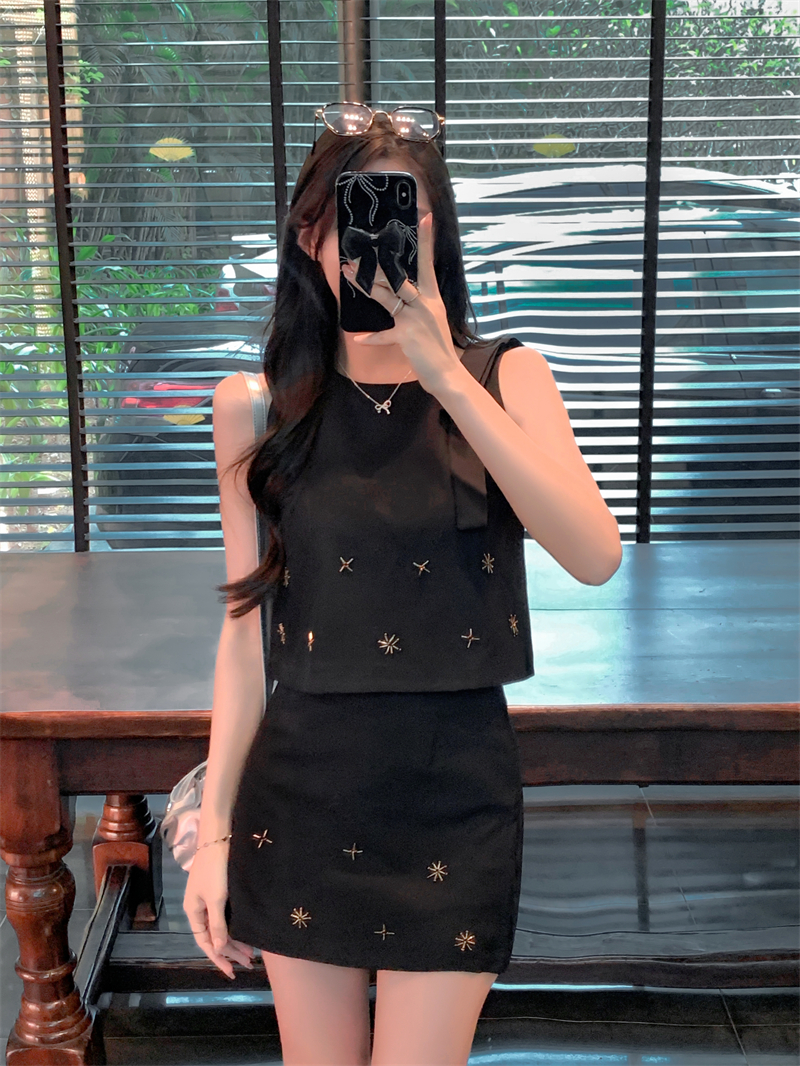 Real photo Real new summer heavy industry beaded French small fragrance vest set for women's short skirt two-piece set
