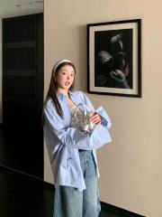 Yellow early spring three-dimensional bow shirt mid-length 2025 new women's design loose slim shirt jacket