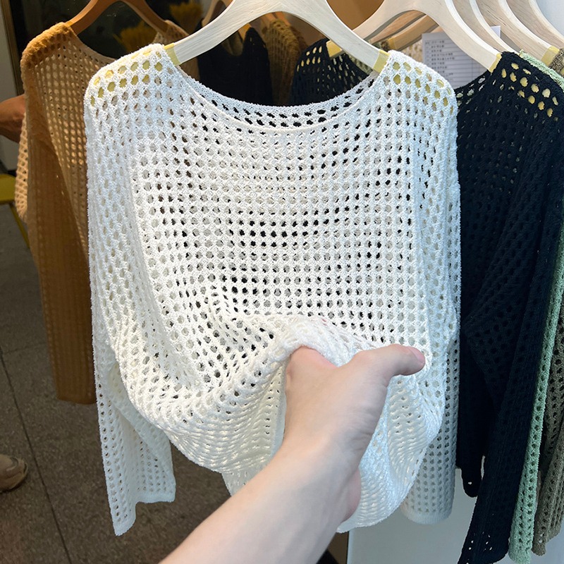 Korean chic summer age-reducing retro hollow hole knitted top simple loose casual sunscreen blouse women