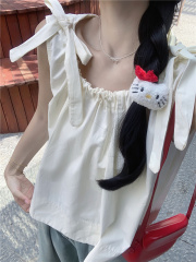 Photographed~ 2025 Summer New Petite Sleeveless Strap Cardigan Tank Top Pleated Strap Blouse Top