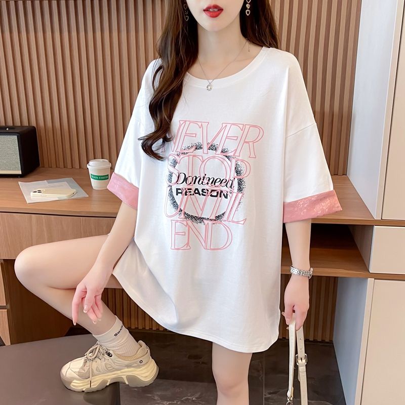 實拍首發100%純棉後包領拼接袖純棉寬鬆T恤女慵懶風中長款上衣