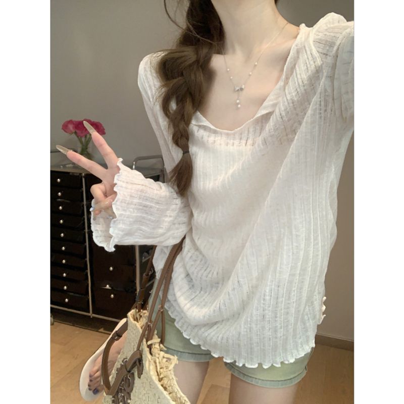 Korean loose milky white big neck T-shirt for women in summer black ears layered sunscreen blouse slightly transparent V-neck top