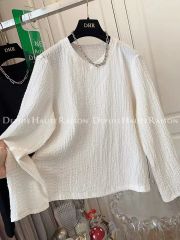 Large size European station white round neck hollow long sleeve T-shirt women's top loose fashionable base shirt spring and summer