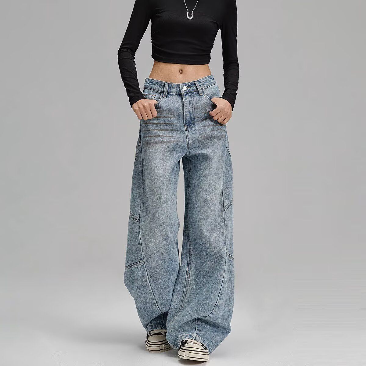 Large size light-colored scimitar jeans for women's spring new American fat mm loose high waist slimming straight trousers