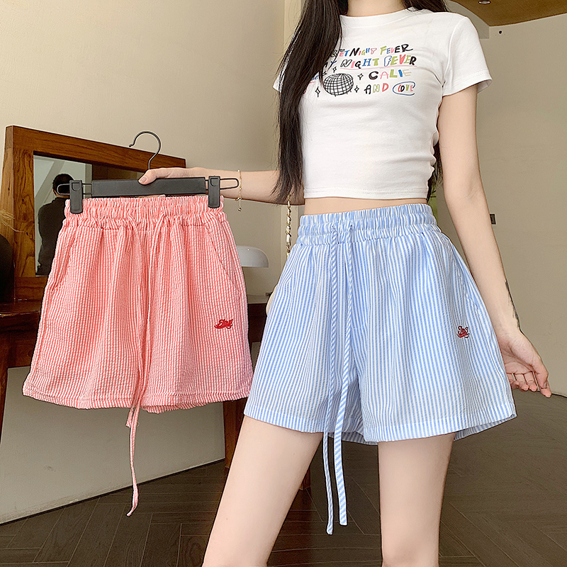 Real shot vertical striped drawstring letter embroidered wide-leg shorts loose summer hot pants casual pants