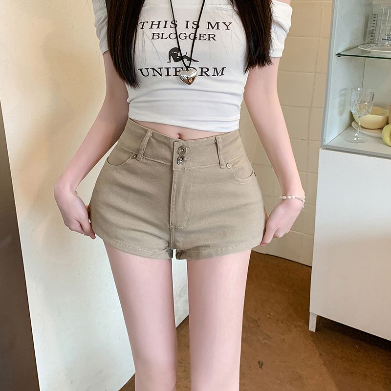 Real shot~ American hot girl high waist denim shorts for women khaki summer slim elastic hip-packing hot pants