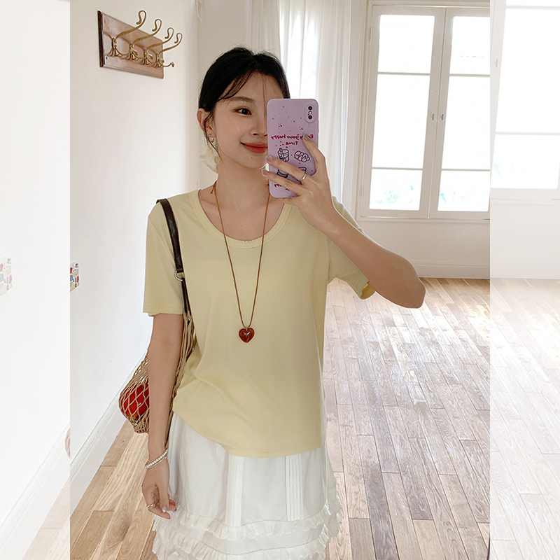 Real-shoulder U-neck T-shirt for women's cotton short-sleeved simple and versatile slim and loose solid color top pure cotton T-shirt