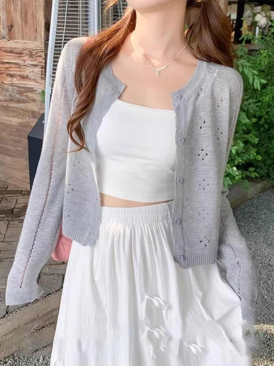 Gray knitted cardigan thin women's 2025 new summer suspender skirt with sunscreen blouse air conditioning shirt trendy