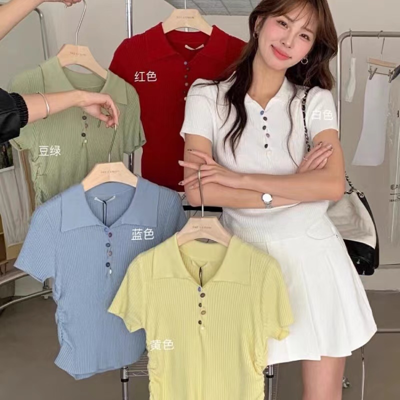THE LEMON lemon green tea 2025 summer Korean version POLO collar short-sleeved sweater versatile slim body clothes for women