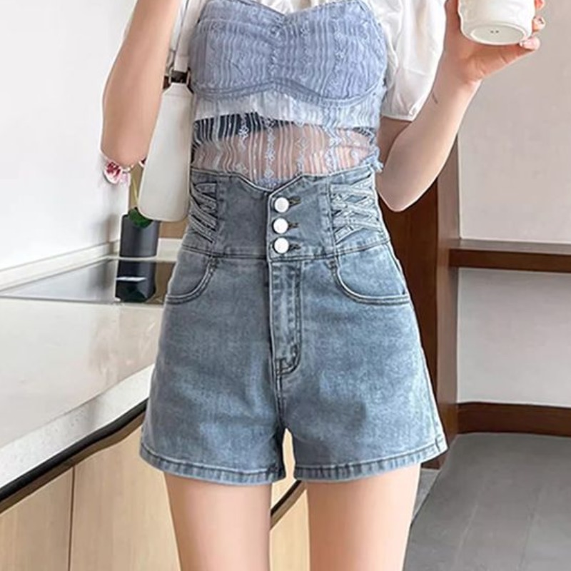 Personalized versatile breasted denim a-line shorts for women in spring and summer new high-waisted and slim straight-leg denim shorts