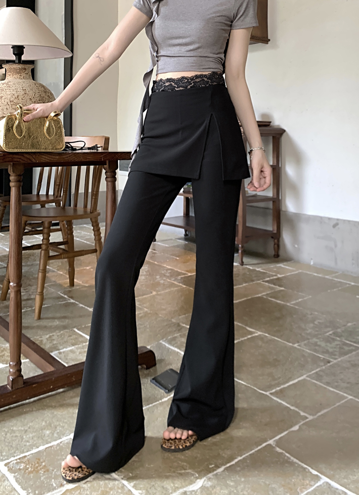 Real shot of lace splicing fake two-piece casual pants high-waisted slim and flared pants