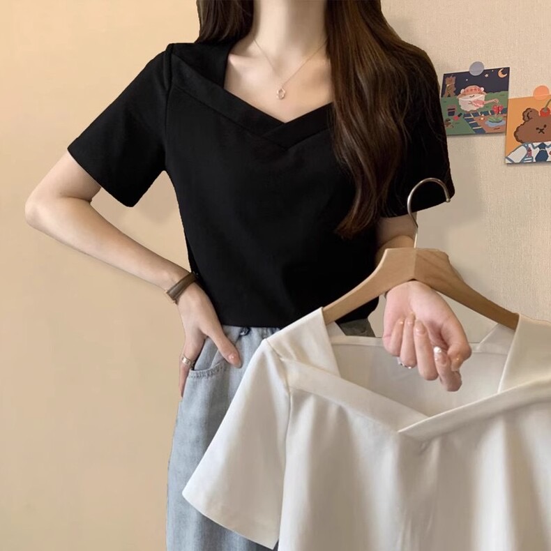 Official picture pure cotton thread short-sleeved T-shirt for women's summer solid color V-neck top