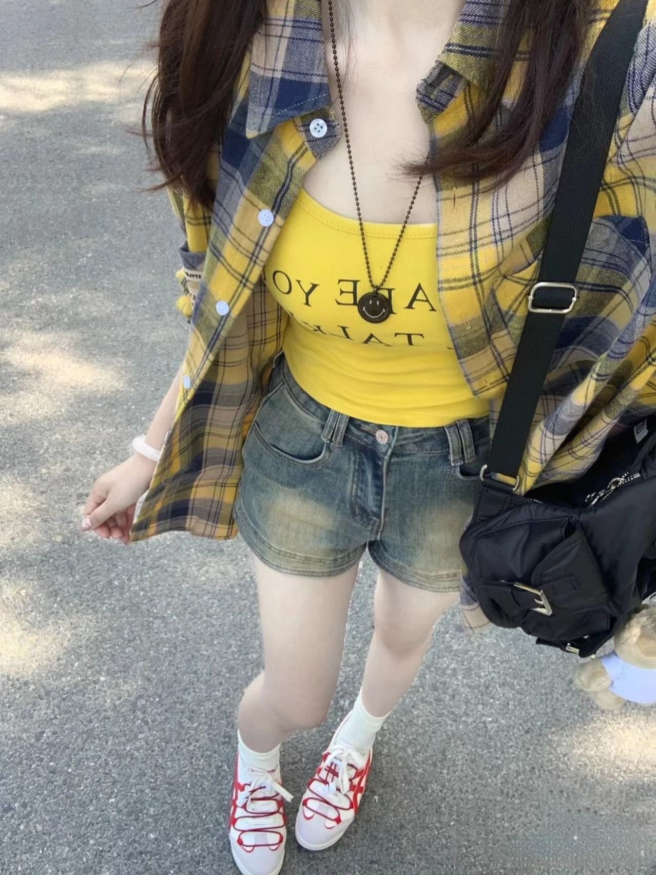 非實拍復古黃色格子襯衫外搭寬鬆設計感小眾長袖疊穿外套襯衣