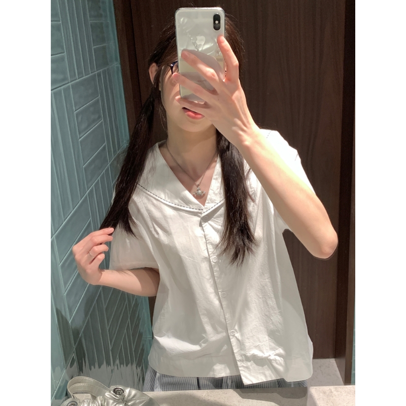 Korean chic summer sweet style navy neck versatile short sleeve loose summer shirt design solid color shirt for women