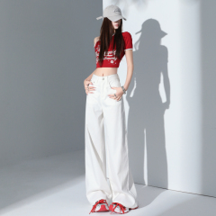 白色闊腿褲天絲牛仔褲女春夏涼感三防高腰寬鬆拖地褲潮長褲加長