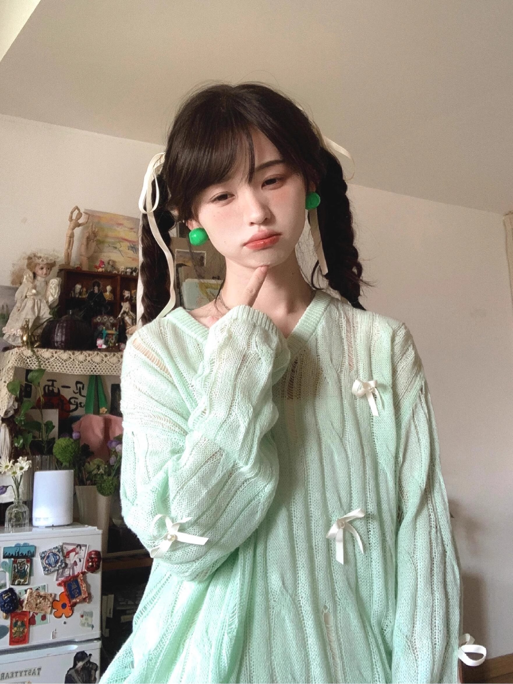 Thin green hollow sunscreen blouse spring and summer women's loose lazy style niche bow knit top