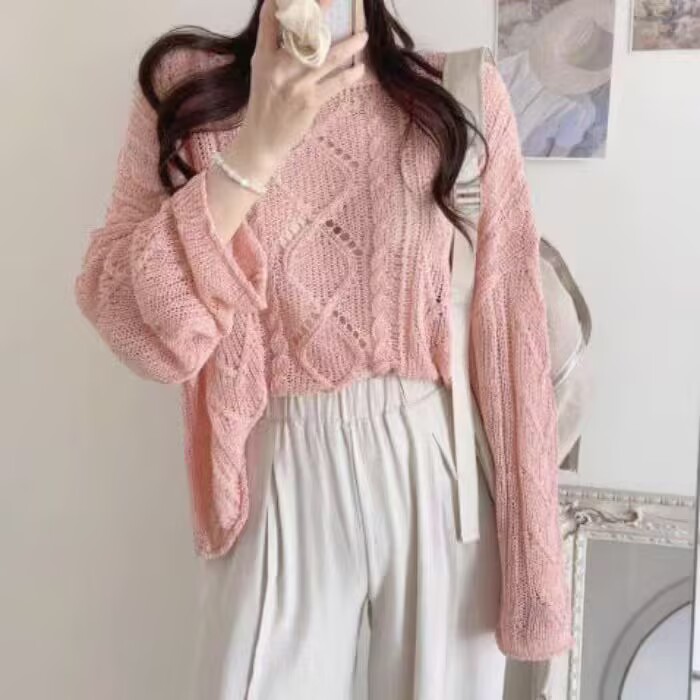 Korean version of knitted sunscreen shirt for women pure desire one-length shoulder pullover long-sleeved sweater thin hollow blouse top