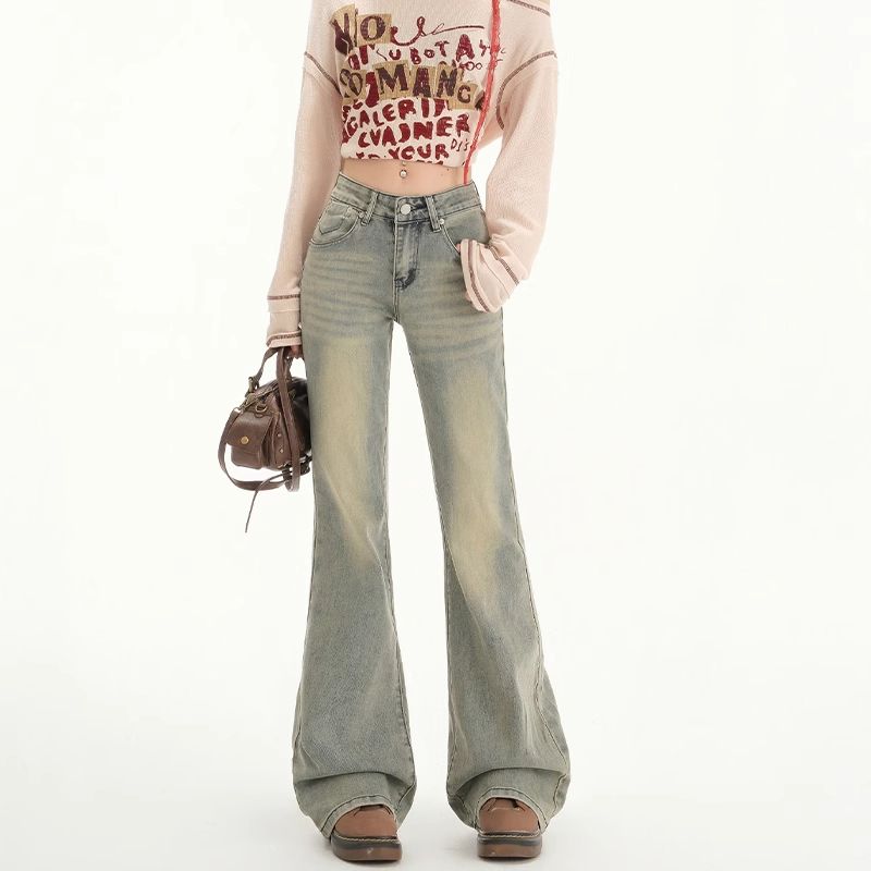 American retro hot girl jeans for women in spring and autumn new elastic slim and versatile slim drooping bell-bottom pants
