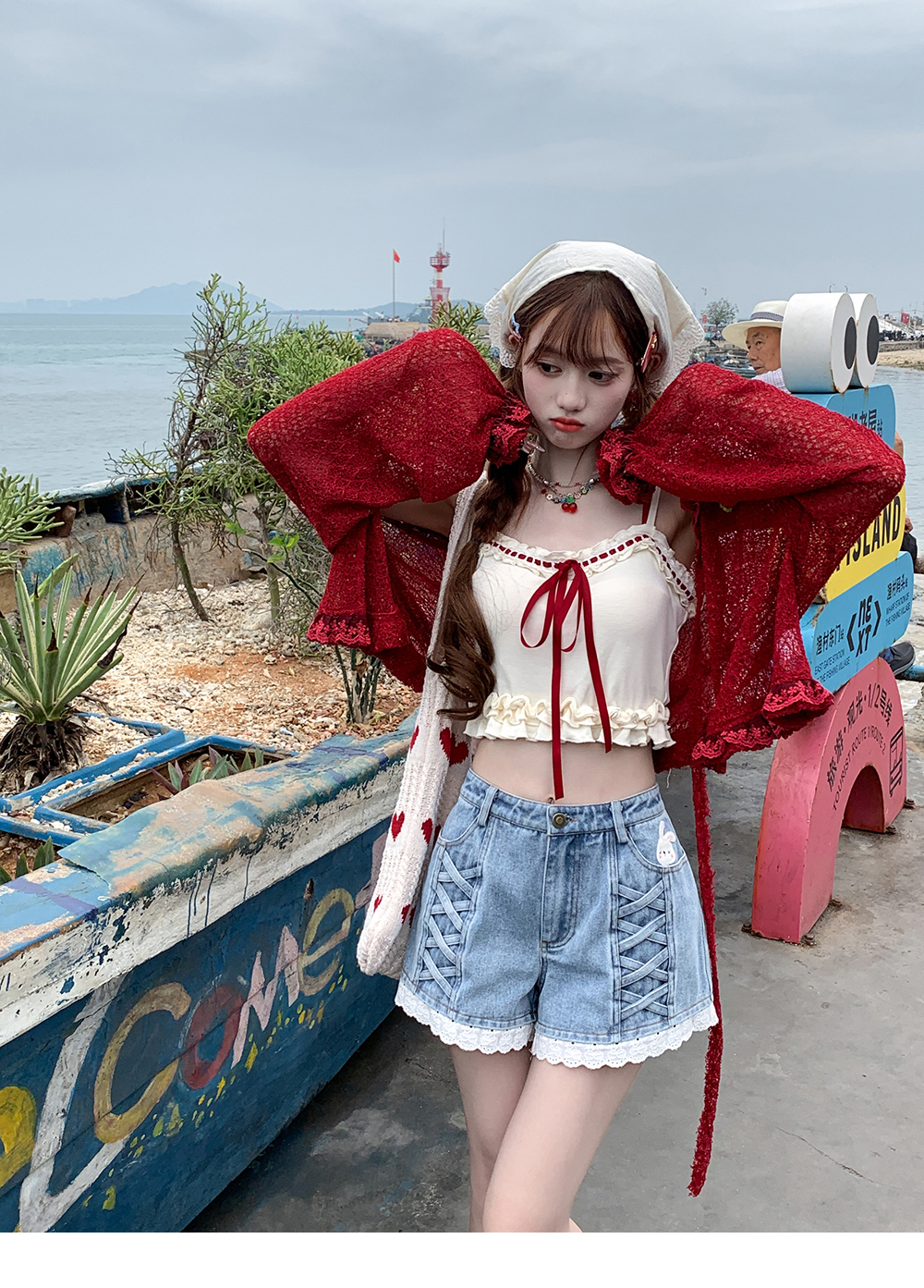Korean rabbit embroidered denim shorts for women in summer new sweet small high-waisted lace pants