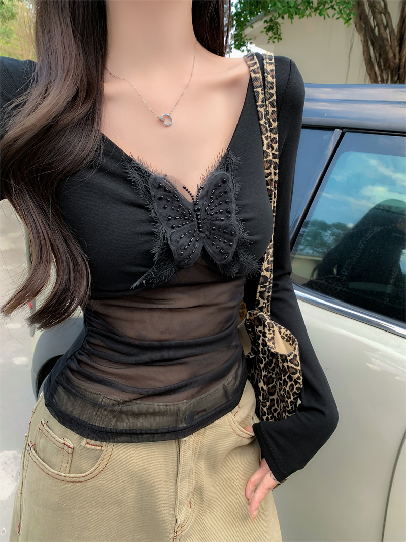 Real shot, real spring and summer new style mesh spliced ​​three-dimensional bow knitted chiffon shirt T-shirt
