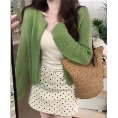 2025 spring and summer buds green knitted cardigan wool horse sea hollow hook flower high-end chic top