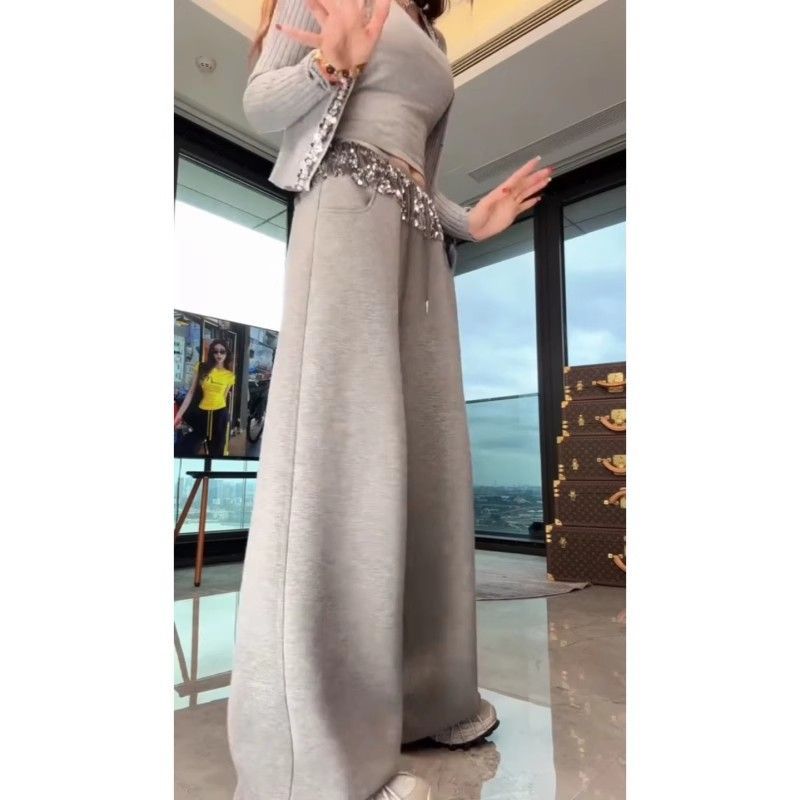 European grey heavy industry sequined casual pants for women 2025 spring new pear-shaped fat mm loose slimming wide-leg sweatpants