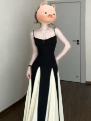 法式拼接撞色吊帶連衣裙女裝夏季設計感收腰a字裙子大擺拖地長裙