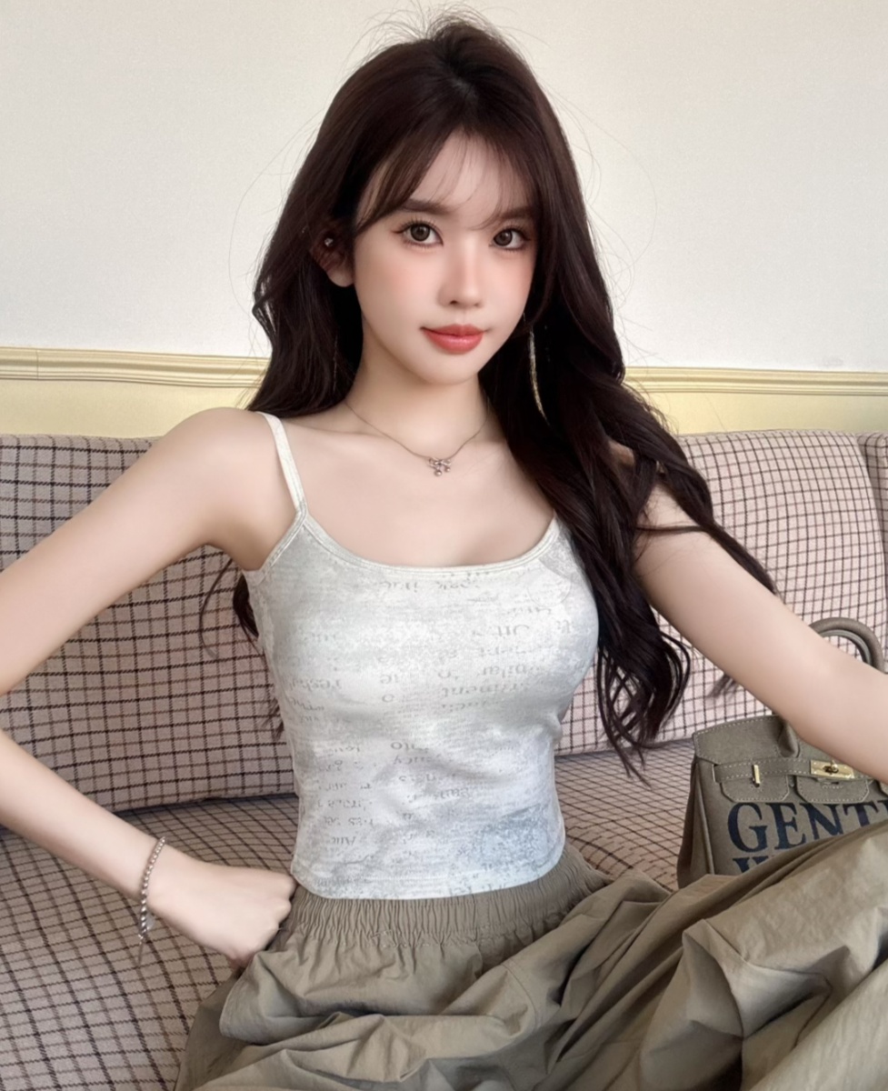 ~Letter printed beauty back suspender vest I-shaped back integrated cup base top