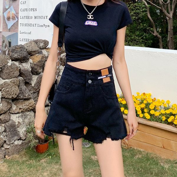 Black denim shorts women's super high waist slim hot girl A-line wide-leg hot pants