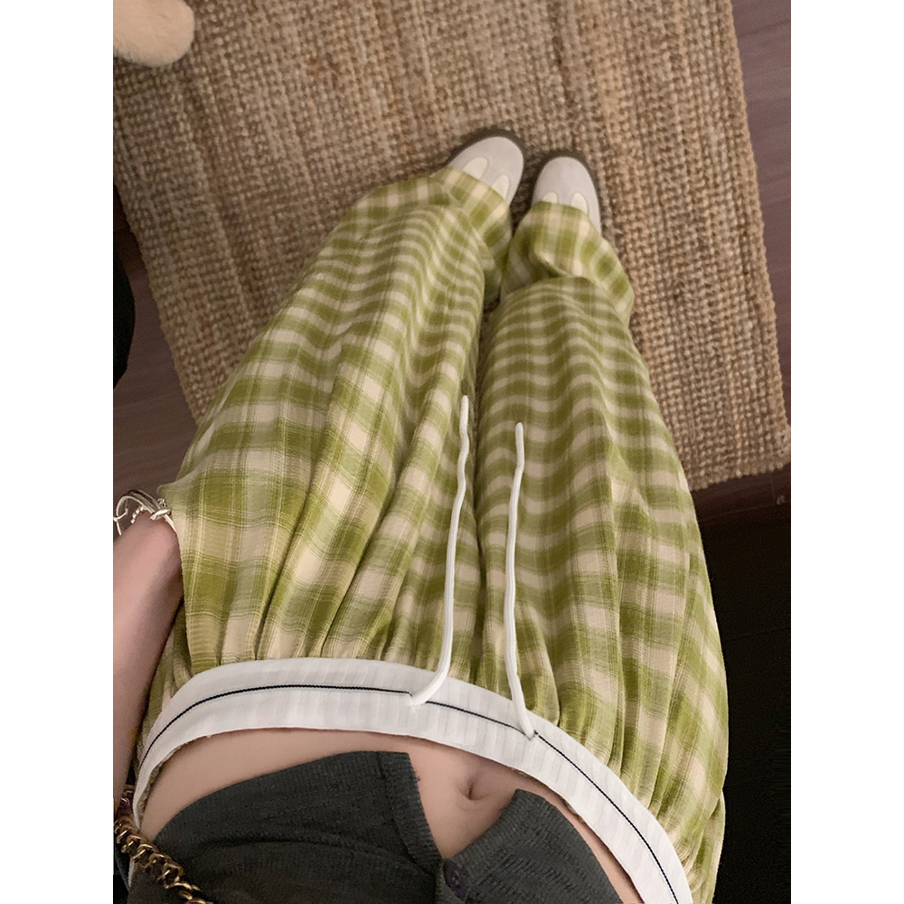 Real shot!  2025 summer personality waist elastic waist drawstring plaid wide-leg trousers women sweet hot girls