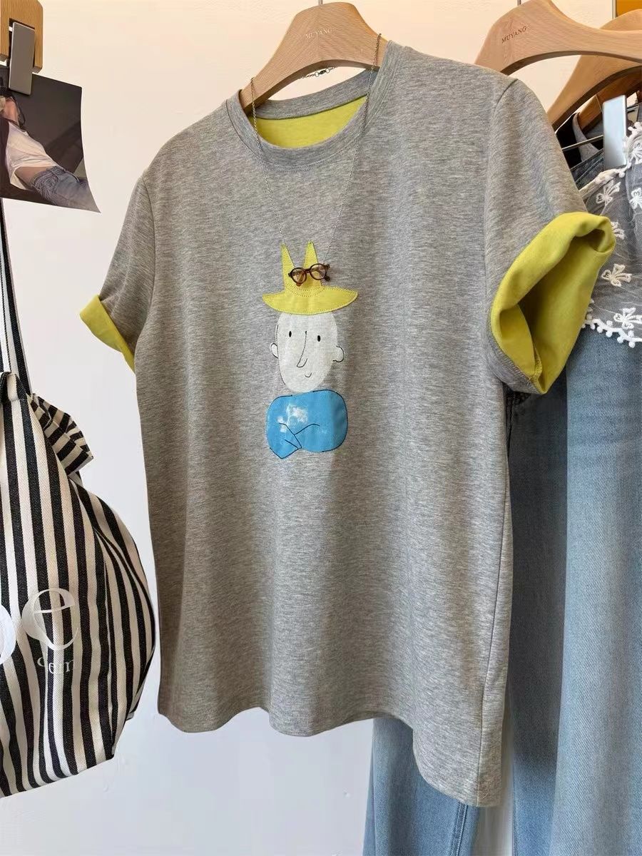 Applique embroidery, large size 300 catties, contrasting color inner little boy loose short-sleeved T-shirt for women's spring and summer top