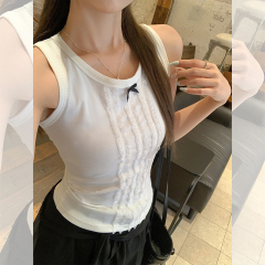 Real-life photo of bow lace splicing vest suspender sleeveless top with bottoming inside and outside can be worn with vest outside