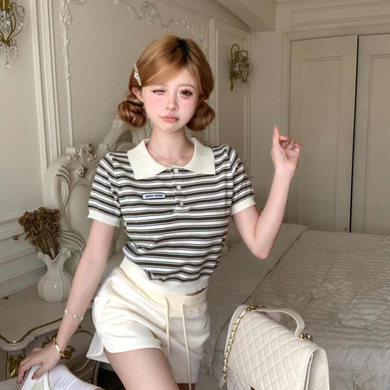 美式復古polo領條紋T恤女夏季新款洋氣減齡短款上衣學院風體恤衫