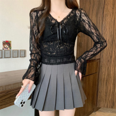實拍 純欲辣妹蝴蝶結V領喇叭袖蕾絲衫上衣短款顯瘦百搭打底衫