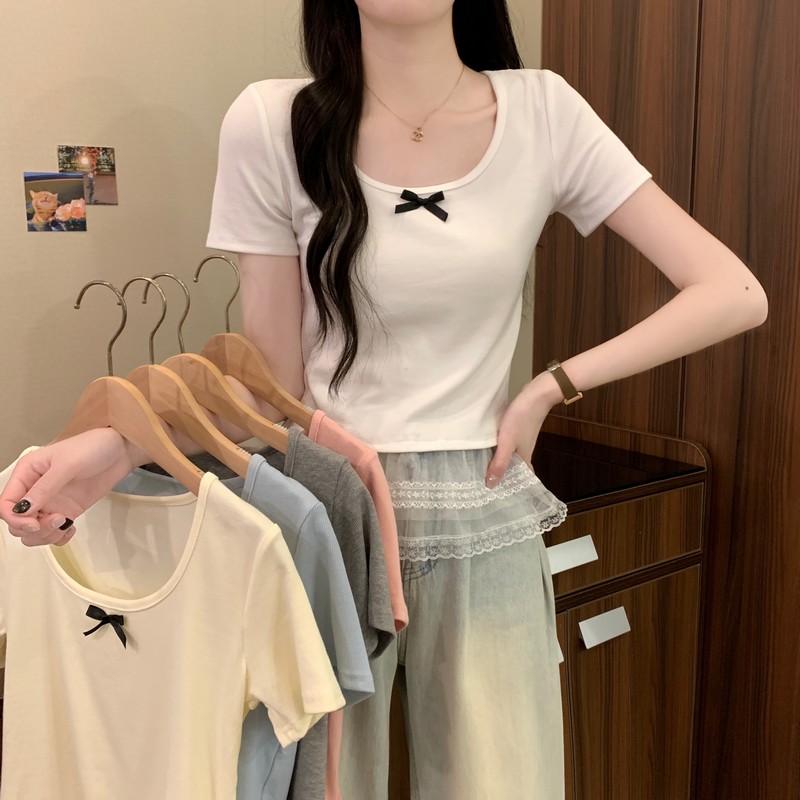 Real shot of new summer lace splicing hem bow French U-neck slim-fit slim design top