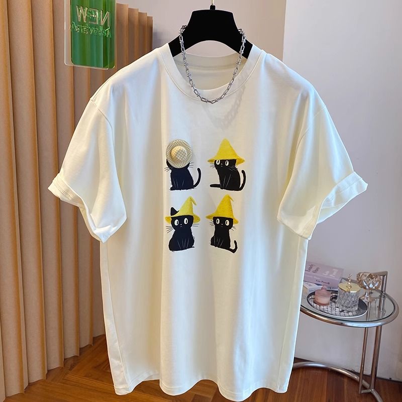 Print + 21 super cool cotton 220 grams extra large size 240 catties Korean version cute cat short-sleeved women