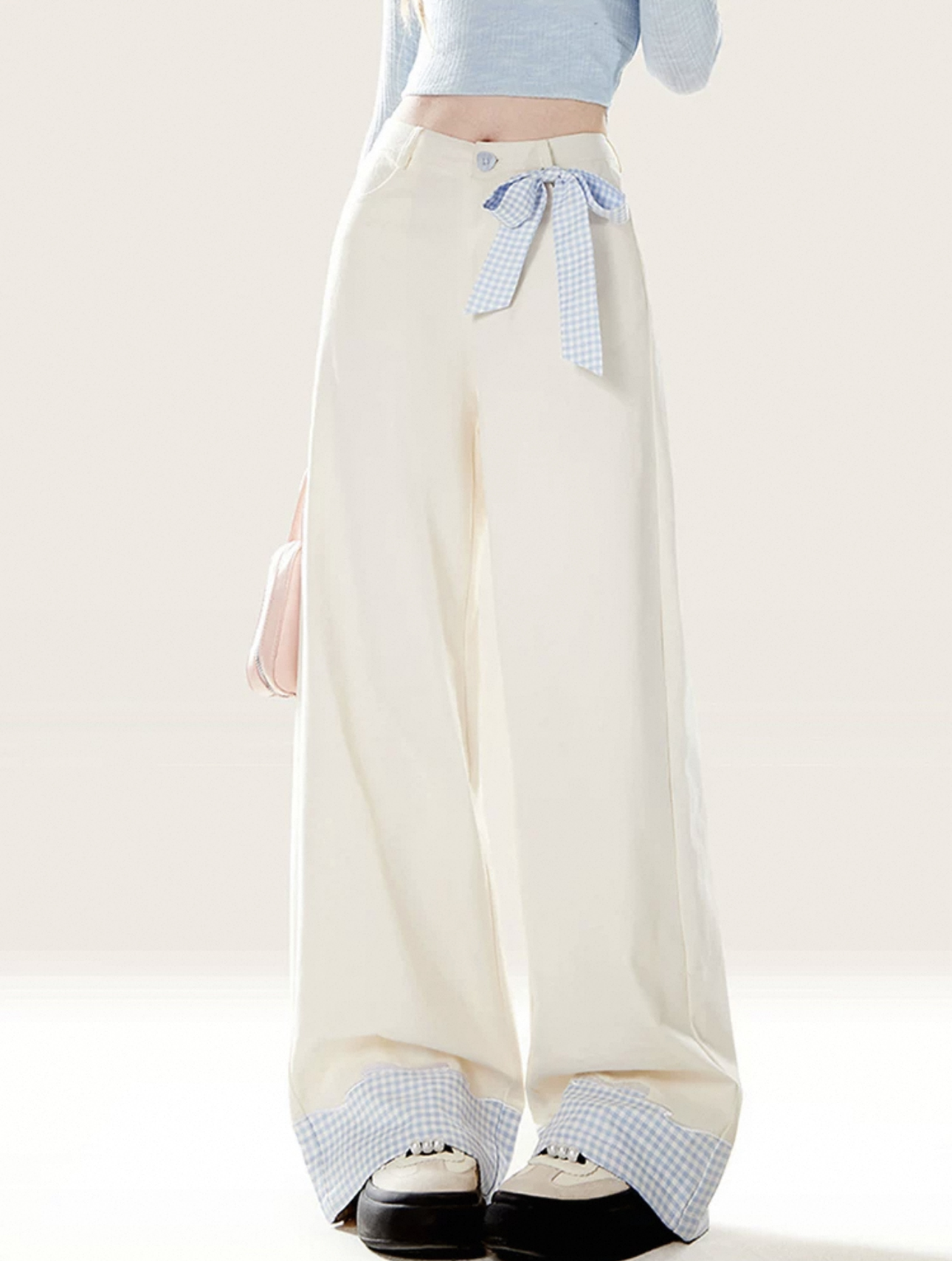 2025 Spring New Sweet Trousers White Bow Lace Blue Plaid Spliced ​​Jeans Women