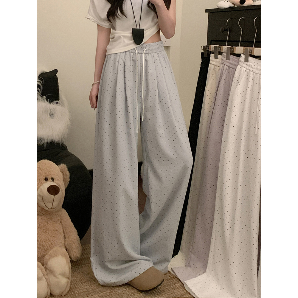 Real shot! 2025 new summer elastic waist drawstring dopamine dotamine wide-leg trousers for women sweet hot girls