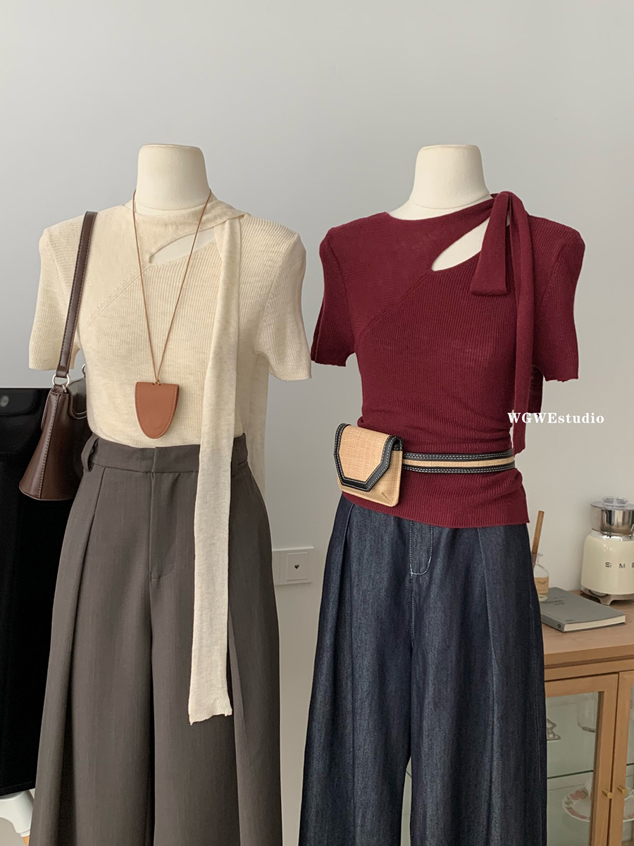 2025 spring halter neck hollow sweater for women short-sleeved design niche slim base shirt French chic top