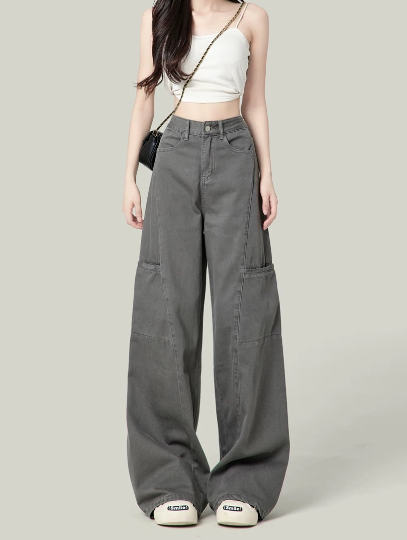 Korean American lazy grey work jeans for women retro high waist loose drooping wide-leg floor trousers