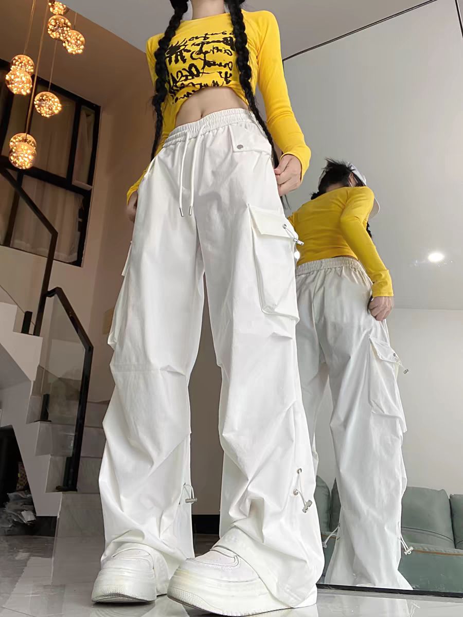 American large pocket work pants for women in spring and summer new wide-leg pants loose and slim casual sports paratrooper pants