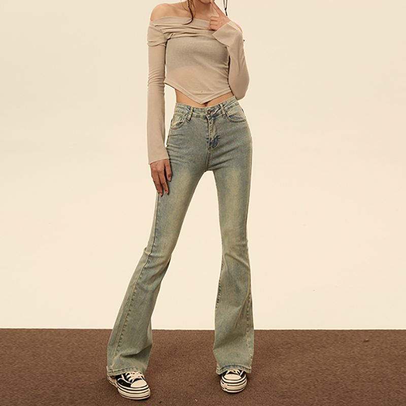 New versatile and simple slim jeans for spring and autumn for women, high waist, slim and slightly flared horseshoe jeans trendy
