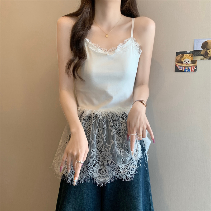 實拍 設計感甜美時尚無袖拼接蕾絲修身內搭背心吊帶打底衫潮