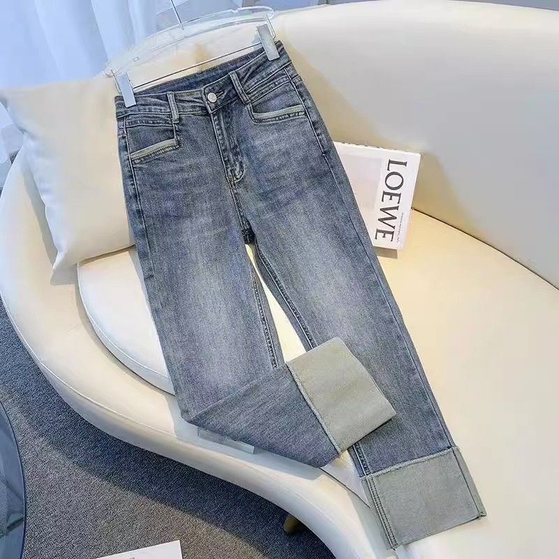 Smoke-leg pants for women in autumn new retro splicing curly high waist loose straight jeans small cropped pants