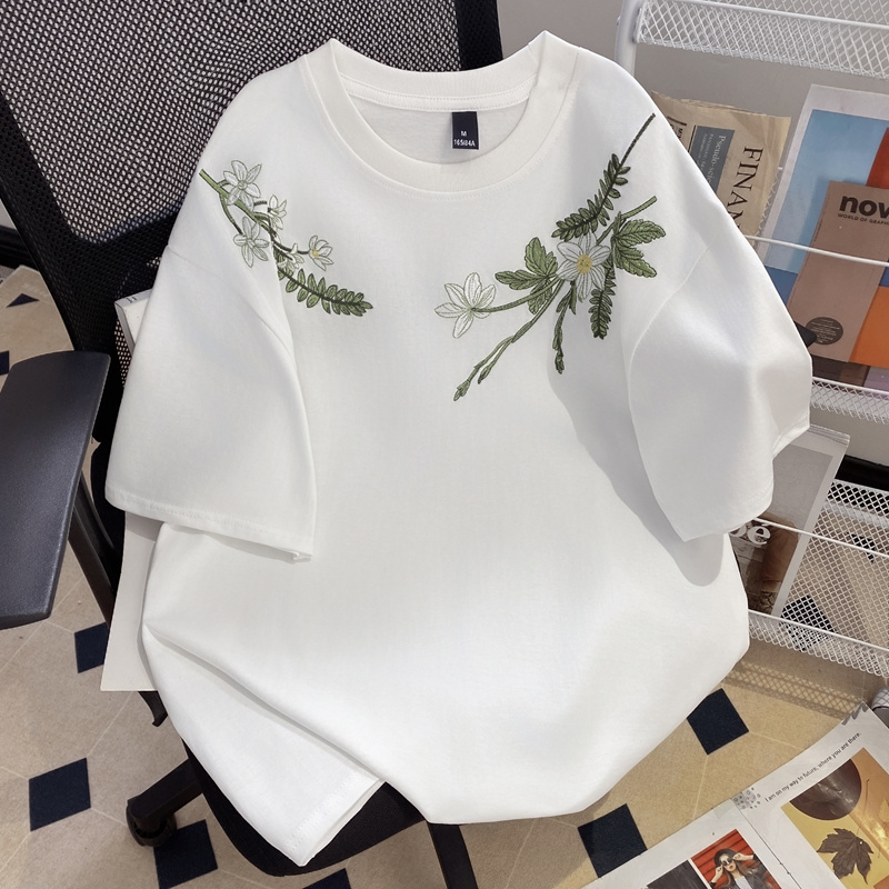 首發實拍32支雙紗純棉240g2025夏季新款刺繡短袖T恤女