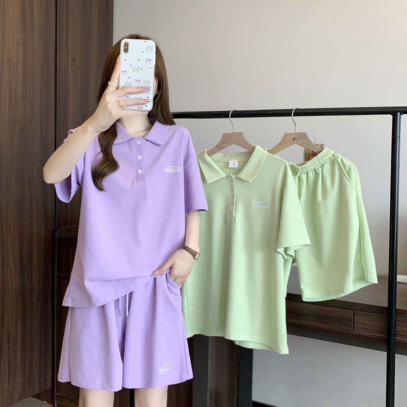 Real photo shoot pearl sportswear suit for women in summer loose purple age-reducing shorts fashionable two-piece set
